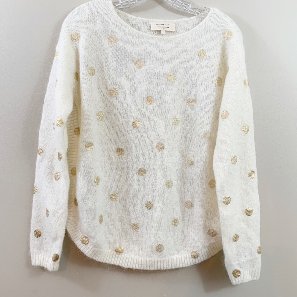 Sezane Kid Mohair Merino Wool Cream Scoop Neck Sweater With Gold Polka Dots